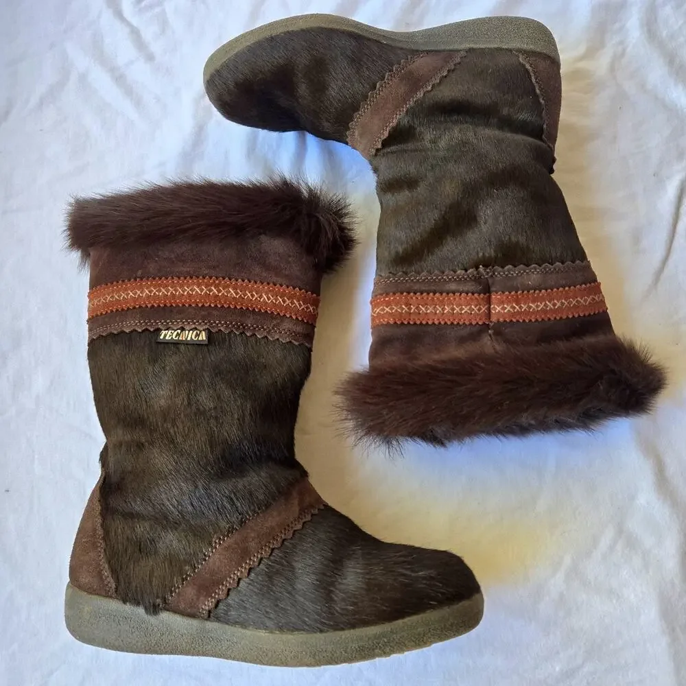 VTG Tecnica Womens Goat Fur Apres Ski Lined Winter Snow Boots Brown Size 5 Italy